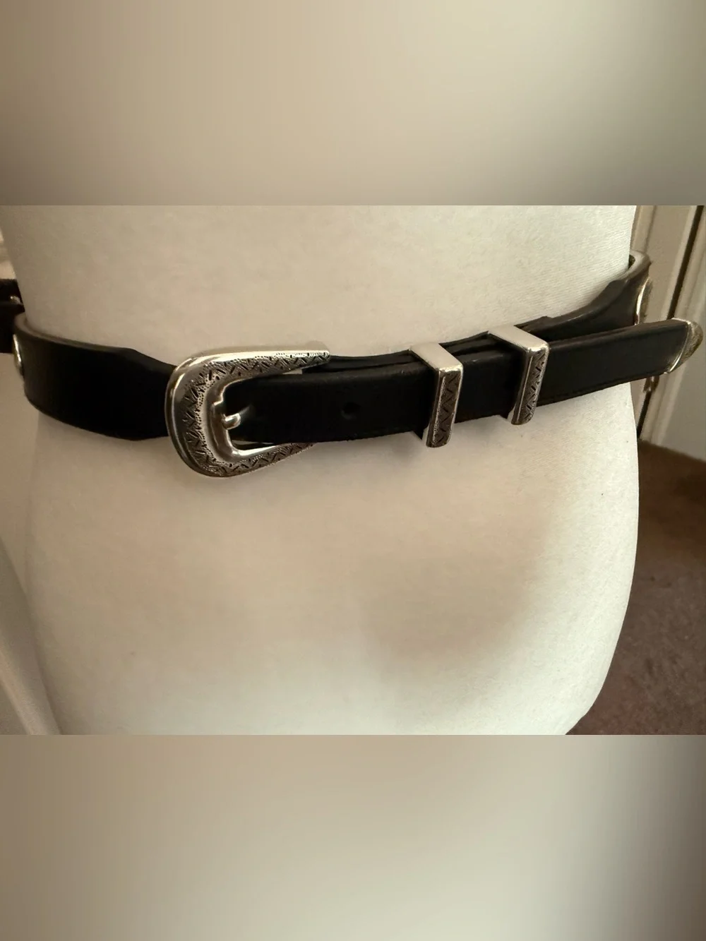 Nocona Black Leather Concha Belt Silver Engraved Buckle Double Keepers Metal Tip